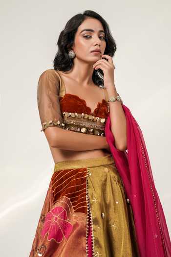 Shwetanga Multi Color Cotton, Organza, Chanderi, Flora Valley Embroidered Lehenga Set Online at Aza Fashions Shwetanga_Multi Color Cotton, Organza, Chanderi, Flora Valley Embroidered Lehenga Set _Online_at_Aza_Fashions