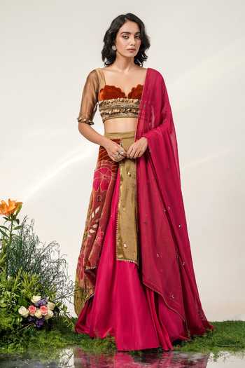Shop Shwetanga Multi Color Cotton, Organza, Chanderi, Flora Valley Embroidered Lehenga Set Online at Aza Fashions Shop_Shwetanga_Multi Color Cotton, Organza, Chanderi, Flora Valley Embroidered Lehenga Set _Online_at_Aza_Fashions
