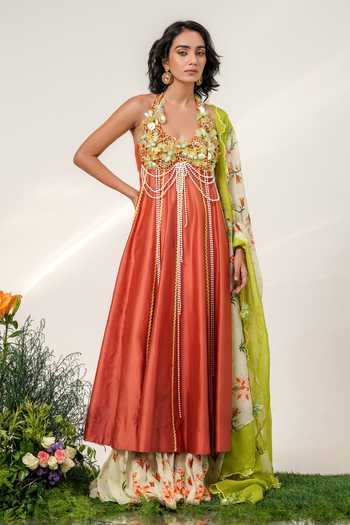 Buy Shwetanga Orange Organza, Chanderi, Crepe Halter Neck Embroidered Anarkali Sharara Set Online at Aza Fashions Buy_Shwetanga_Orange Organza, Chanderi, Crepe Halter Neck Embroidered Anarkali Sharara Set _Online_at_Aza_Fashions