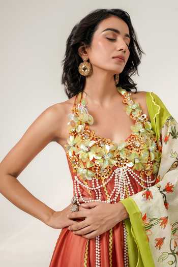Shop Shwetanga Orange Organza, Chanderi, Crepe Halter Neck Embroidered Anarkali Sharara Set Online at Aza Fashions Shop_Shwetanga_Orange Organza, Chanderi, Crepe Halter Neck Embroidered Anarkali Sharara Set _Online_at_Aza_Fashions