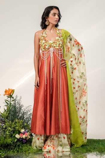 Shwetanga Orange Organza, Chanderi, Crepe Halter Neck Embroidered Anarkali Sharara Set at Aza Fashions Shwetanga_Orange Organza, Chanderi, Crepe Halter Neck Embroidered Anarkali Sharara Set _at_Aza_Fashions