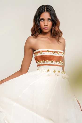 Shwetanga Ivory Cotton, Muslin Bandeau Neck Ghunghroo Anarkali Sharara Set Online at Aza Fashions Shwetanga_Ivory Cotton, Muslin Bandeau Neck Ghunghroo Anarkali Sharara Set _Online_at_Aza_Fashions