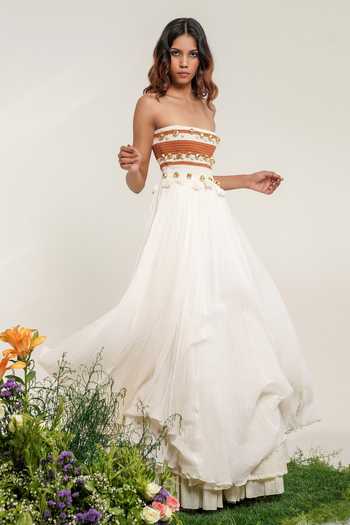 Shwetanga Ivory Cotton, Muslin Bandeau Neck Ghunghroo Anarkali Sharara Set at Aza Fashions Shwetanga_Ivory Cotton, Muslin Bandeau Neck Ghunghroo Anarkali Sharara Set _at_Aza_Fashions