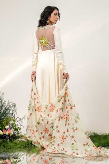 Shwetanga Neckline Embroidered Angarkha Anarkali Set