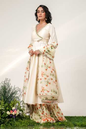 Shwetanga Ivory Organza, Chanderi, Crepe, Tulle Neckline Embroidered Angarkha Anarkali Set at Aza Fashions Shwetanga_Ivory Organza, Chanderi, Crepe, Tulle Neckline Embroidered Angarkha Anarkali Set _at_Aza_Fashions