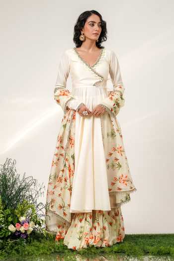 Shwetanga Neckline Embroidered Angarkha Anarkali Set