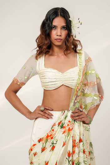Shop_Shwetanga_Multi Color Organza, Georgette, Eden Cascade Skirt Saree With Embroidered Blouse _Online_at_Aza_Fashions