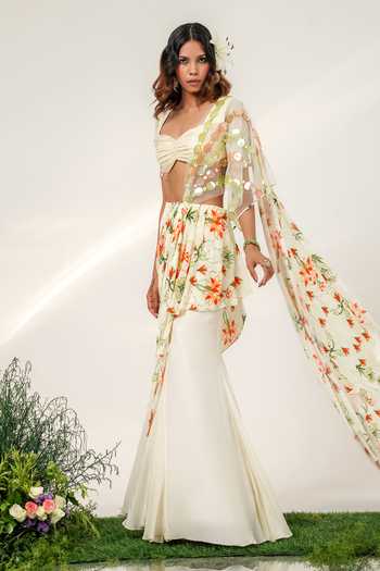 Shwetanga_Multi Color Organza, Georgette, Eden Cascade Skirt Saree With Embroidered Blouse _at_Aza_Fashions