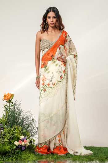 Buy Shwetanga Ivory Organza, Crepe Tassels, Lace Garden And Draped Saree With Corset Online at Aza Fashions Buy_Shwetanga_Ivory Organza, Crepe Tassels, Lace Garden And Draped Saree With Corset _Online_at_Aza_Fashions