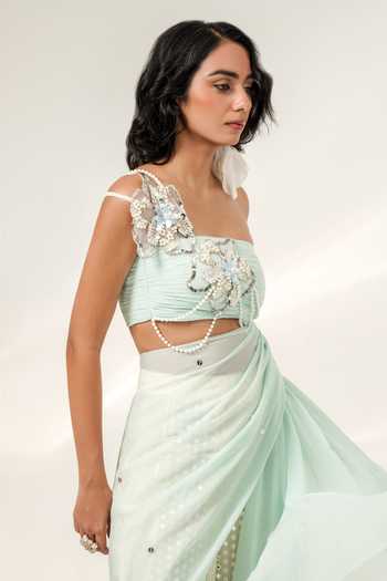 Shwetanga Blue Cotton, Organza, Georgette Flora Cascade Draped Tunic With Panelled Sharara Online at Aza Fashions Shwetanga_Blue Cotton, Organza, Georgette Flora Cascade Draped Tunic With Panelled Sharara _Online_at_Aza_Fashions