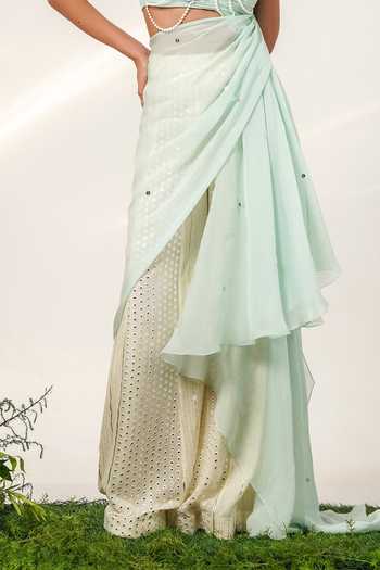 Shwetanga Blue Cotton, Organza, Georgette Flora Cascade Draped Tunic With Panelled Sharara at Aza Fashions Shwetanga_Blue Cotton, Organza, Georgette Flora Cascade Draped Tunic With Panelled Sharara _at_Aza_Fashions