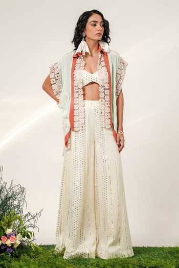 Buy Shwetanga Blue Organza, Cotton, Georgette Foil Bloom Embroidered Shirt Sharara Set Online at Aza Fashions Buy_Shwetanga_Blue Organza, Cotton, Georgette Foil Bloom Embroidered Shirt Sharara Set _Online_at_Aza_Fashions