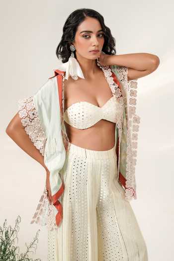 Shop Shwetanga Blue Organza, Cotton, Georgette Foil Bloom Embroidered Shirt Sharara Set Online at Aza Fashions Shop_Shwetanga_Blue Organza, Cotton, Georgette Foil Bloom Embroidered Shirt Sharara Set _Online_at_Aza_Fashions