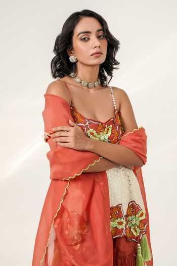 Buy Shwetanga Ivory Cotton, Organza, Georgette Sweetheart Neck Floret Tassel Kurta Sharara Set Online at Aza Fashions Buy_Shwetanga_Ivory Cotton, Organza, Georgette Sweetheart Neck Floret Tassel Kurta Sharara Set _Online_at_Aza_Fashions