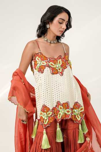 Shwetanga Ivory Cotton, Organza, Georgette Sweetheart Neck Floret Tassel Kurta Sharara Set at Aza Fashions Shwetanga_Ivory Cotton, Organza, Georgette Sweetheart Neck Floret Tassel Kurta Sharara Set _at_Aza_Fashions