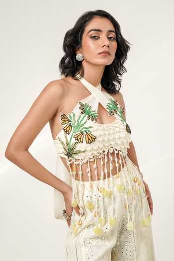Buy Shwetanga Ivory Cotton, Organza, Georgette Halter Neck, Botanical Tassel Top And Sharara Set Online at Aza Fashions Buy_Shwetanga_Ivory Cotton, Organza, Georgette Halter Neck, Botanical Tassel Top And Sharara Set _Online_at_Aza_Fashions