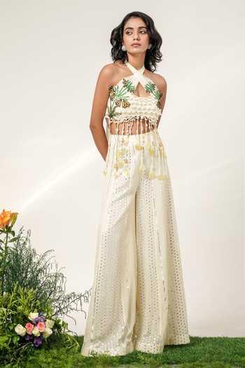 Shop Shwetanga Ivory Cotton, Organza, Georgette Halter Neck, Botanical Tassel Top And Sharara Set Online at Aza Fashions Shop_Shwetanga_Ivory Cotton, Organza, Georgette Halter Neck, Botanical Tassel Top And Sharara Set _Online_at_Aza_Fashions