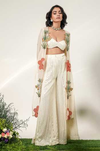 Buy Shwetanga Ivory Cotton, Organza, Georgette Open Botanical Embroidered Jacket Sharara Set Online at Aza Fashions Buy_Shwetanga_Ivory Cotton, Organza, Georgette Open Botanical Embroidered Jacket Sharara Set _Online_at_Aza_Fashions