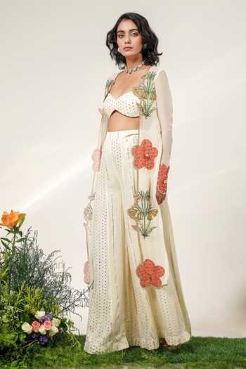 Shop Shwetanga Ivory Cotton, Organza, Georgette Open Botanical Embroidered Jacket Sharara Set Online at Aza Fashions Shop_Shwetanga_Ivory Cotton, Organza, Georgette Open Botanical Embroidered Jacket Sharara Set _Online_at_Aza_Fashions