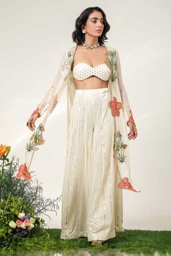Shwetanga Ivory Cotton, Organza, Georgette Open Botanical Embroidered Jacket Sharara Set at Aza Fashions Shwetanga_Ivory Cotton, Organza, Georgette Open Botanical Embroidered Jacket Sharara Set _at_Aza_Fashions