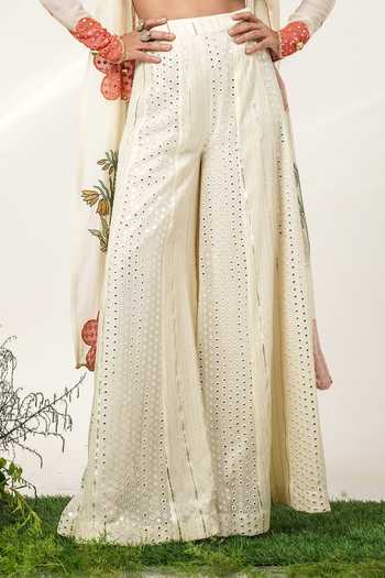 Buy Shwetanga Ivory Cotton, Organza, Georgette Open Botanical Embroidered Jacket Sharara Set Buy_Shwetanga_Ivory Cotton, Organza, Georgette Open Botanical Embroidered Jacket Sharara Set