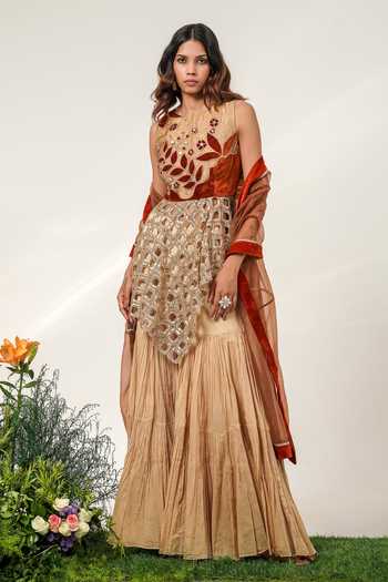 Shop Shwetanga Gold Cotton, Tissue Round Neck Royal Garden Embroidered Top Sharara Set Online at Aza Fashions Shop_Shwetanga_Gold Cotton, Tissue Round Neck Royal Garden Embroidered Top Sharara Set _Online_at_Aza_Fashions