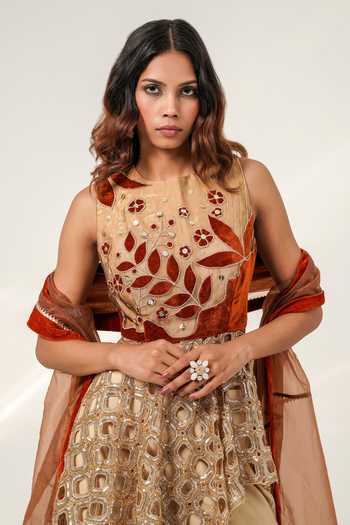 Buy Shwetanga Gold Cotton, Tissue Round Neck Royal Garden Embroidered Top Sharara Set Buy_Shwetanga_Gold Cotton, Tissue Round Neck Royal Garden Embroidered Top Sharara Set