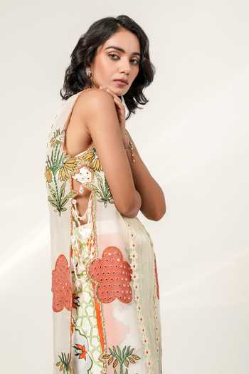 Shwetanga Ivory Silk, Organza, Georgette Round Neck, Yes Garden Patchwork Kurta And Pant Set Online at Aza Fashions Shwetanga_Ivory Silk, Organza, Georgette Round Neck, Yes Garden Patchwork Kurta And Pant Set _Online_at_Aza_Fashions