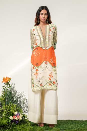 Buy Shwetanga Ivory Organza, Crepe V-neck Printed Kurta And Salwar Set Buy_Shwetanga_Ivory Organza, Crepe V-neck Printed Kurta And Salwar Set
