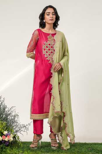 Buy Shwetanga Fuchsia Chanderi, Georgette Garden Embroidered Kurta Set Online at Aza Fashions Buy_Shwetanga_Fuchsia Chanderi, Georgette Garden Embroidered Kurta Set _Online_at_Aza_Fashions