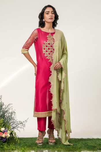 Shop Shwetanga Fuchsia Chanderi, Georgette Garden Embroidered Kurta Set Online at Aza Fashions Shop_Shwetanga_Fuchsia Chanderi, Georgette Garden Embroidered Kurta Set _Online_at_Aza_Fashions