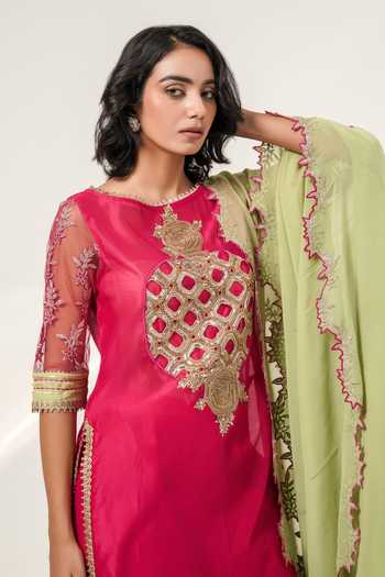 Buy Shwetanga Fuchsia Chanderi, Georgette Garden Embroidered Kurta Set Buy_Shwetanga_Fuchsia Chanderi, Georgette Garden Embroidered Kurta Set