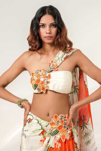 Shop Shwetanga Ivory Crepe One Shoulder Apsara Printed Draped Skirt And Bustier Set Online at Aza Fashions Shop_Shwetanga_Ivory Crepe One Shoulder Apsara Printed Draped Skirt And Bustier Set _Online_at_Aza_Fashions