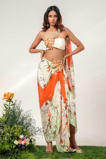 Shwetanga Apsara Printed Draped Crepe Skirt & Bustier Set