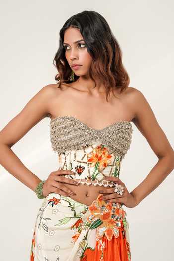 Shwetanga Gilded Tangerine Bustier & Draped Skirt Set
