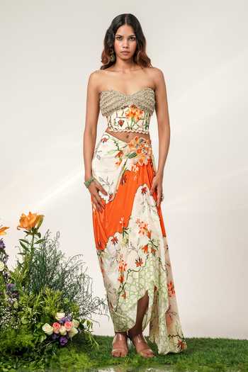 Shwetanga Gilded Tangerine Bustier & Draped Skirt Set