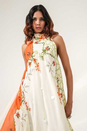 Shwetanga Ivory Crepe Halter Neck Mosiac Scarf Printed Dress Online at Aza Fashions Shwetanga_Ivory Crepe Halter Neck Mosiac Scarf Printed Dress _Online_at_Aza_Fashions