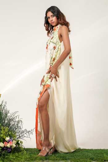 Shop Shwetanga Ivory Crepe Halter Neck Mosiac Scarf Printed Dress Online at Aza Fashions Shop_Shwetanga_Ivory Crepe Halter Neck Mosiac Scarf Printed Dress _Online_at_Aza_Fashions