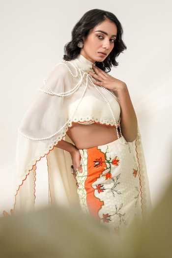 Shwetanga Ivory Organza, Georgette Sweetheart Neck Enchanted Embroidered Cape Skirt Set Online at Aza Fashions Shwetanga_Ivory Organza, Georgette Sweetheart Neck Enchanted Embroidered Cape Skirt Set _Online_at_Aza_Fashions