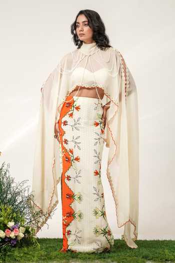 Shwetanga Ivory Organza, Georgette Sweetheart Neck Enchanted Embroidered Cape Skirt Set at Aza Fashions Shwetanga_Ivory Organza, Georgette Sweetheart Neck Enchanted Embroidered Cape Skirt Set _at_Aza_Fashions