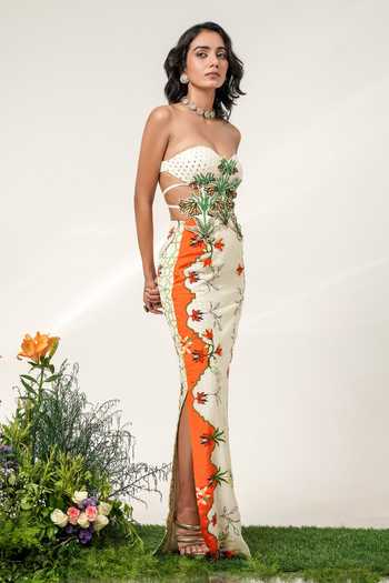 Shop Shwetanga Ivory Organza, Georgette Embroidery, Mirrors Botanical Garden Print Gown Online at Aza Fashions Shop_Shwetanga_Ivory Organza, Georgette Embroidery, Mirrors Botanical Garden Print Gown _Online_at_Aza_Fashions