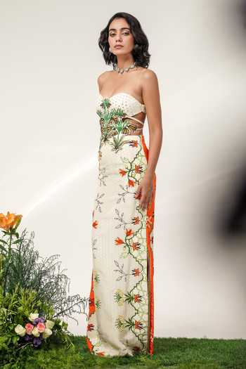 Shwetanga Ivory Organza, Georgette Embroidery, Mirrors Botanical Garden Print Gown at Aza Fashions Shwetanga_Ivory Organza, Georgette Embroidery, Mirrors Botanical Garden Print Gown _at_Aza_Fashions