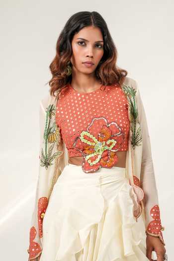 Shwetanga Ivory Organza, Georgette, Crepe Halter Ruffled Mosaic Print Jacket Skirt Set Online at Aza Fashions Shwetanga_Ivory Organza, Georgette, Crepe Halter Ruffled Mosaic Print Jacket Skirt Set _Online_at_Aza_Fashions