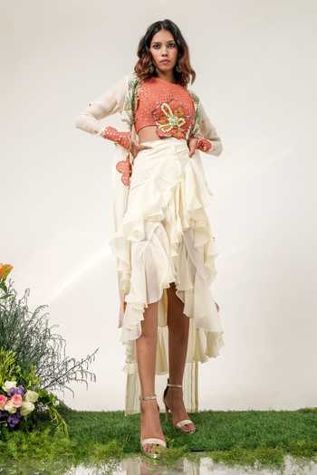 Buy Shwetanga Ivory Organza, Georgette, Crepe Halter Ruffled Mosaic Print Jacket Skirt Set Online at Aza Fashions Buy_Shwetanga_Ivory Organza, Georgette, Crepe Halter Ruffled Mosaic Print Jacket Skirt Set _Online_at_Aza_Fashions