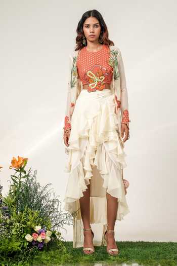 Shop Shwetanga Ivory Organza, Georgette, Crepe Halter Ruffled Mosaic Print Jacket Skirt Set Online at Aza Fashions Shop_Shwetanga_Ivory Organza, Georgette, Crepe Halter Ruffled Mosaic Print Jacket Skirt Set _Online_at_Aza_Fashions