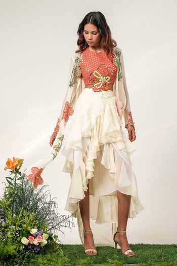 Shwetanga Ivory Organza, Georgette, Crepe Halter Ruffled Mosaic Print Jacket Skirt Set at Aza Fashions Shwetanga_Ivory Organza, Georgette, Crepe Halter Ruffled Mosaic Print Jacket Skirt Set _at_Aza_Fashions