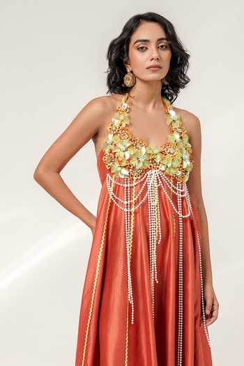 Shwetanga Orange Chanderi Halter Neck Panelled Dress Online at Aza Fashions Shwetanga_Orange Chanderi Halter Neck Panelled Dress _Online_at_Aza_Fashions
