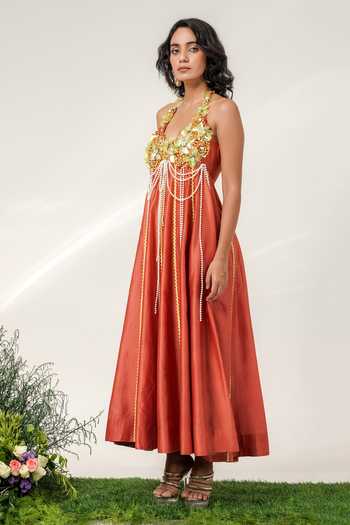 Buy Shwetanga Orange Chanderi Halter Neck Panelled Dress Online at Aza Fashions Buy_Shwetanga_Orange Chanderi Halter Neck Panelled Dress _Online_at_Aza_Fashions