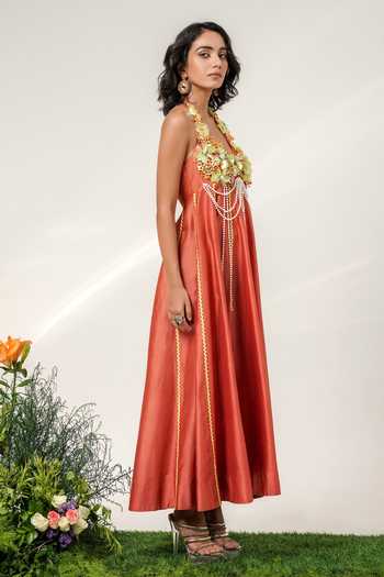 Shop Shwetanga Orange Chanderi Halter Neck Panelled Dress Online at Aza Fashions Shop_Shwetanga_Orange Chanderi Halter Neck Panelled Dress _Online_at_Aza_Fashions