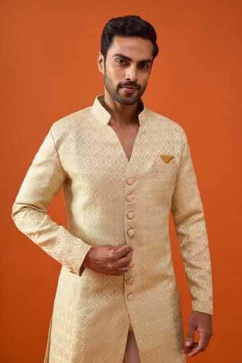 Arihant Rai Sinha_Green Brocade, Viscose, Polyester Sherwani And Trouser Set _Online_at_Aza_Fashions